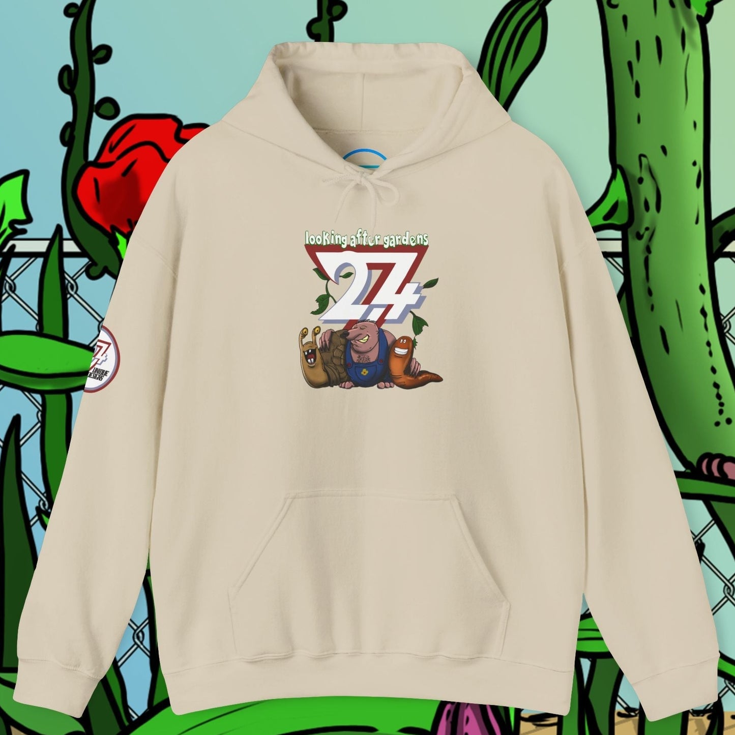 beige gardening hoodie with cute slug, snail, and mole cartoon characters and kangaroo pocket
