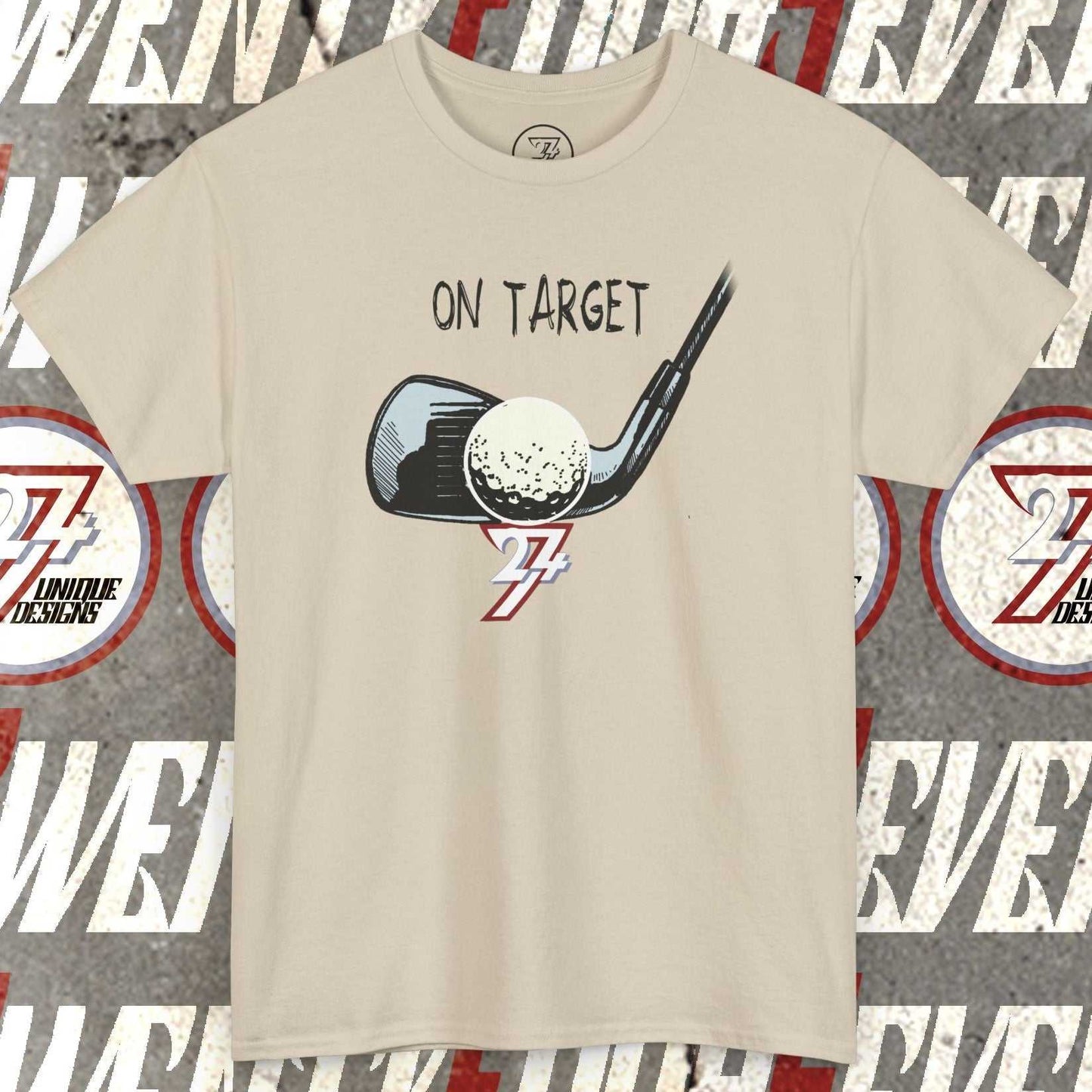 beige golf graphic t-shirt with hand-drawn golf club and ball illustration and "On Target" text