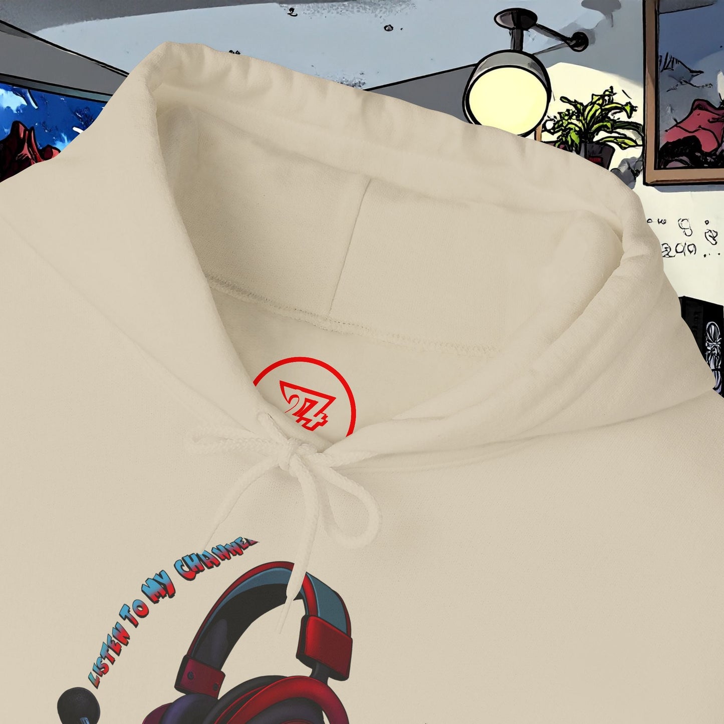 beige headset hoodie with colorful headphone graphic and adjustable drawstring hood