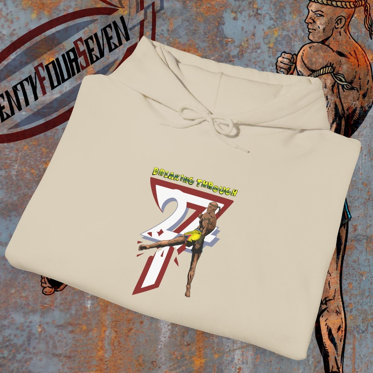 beige muay thai hooded sweatshirt with twenty four seven graphic and muay thai fighter illustration design