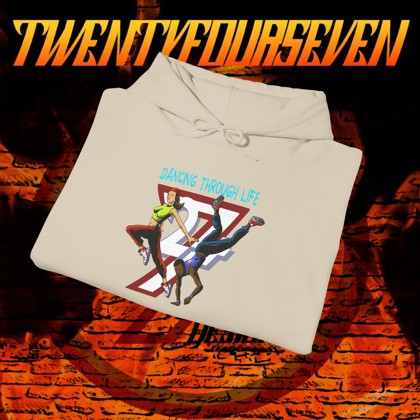 beige streetwear hoodie with urban dancing graphic and adjustable drawstring hood