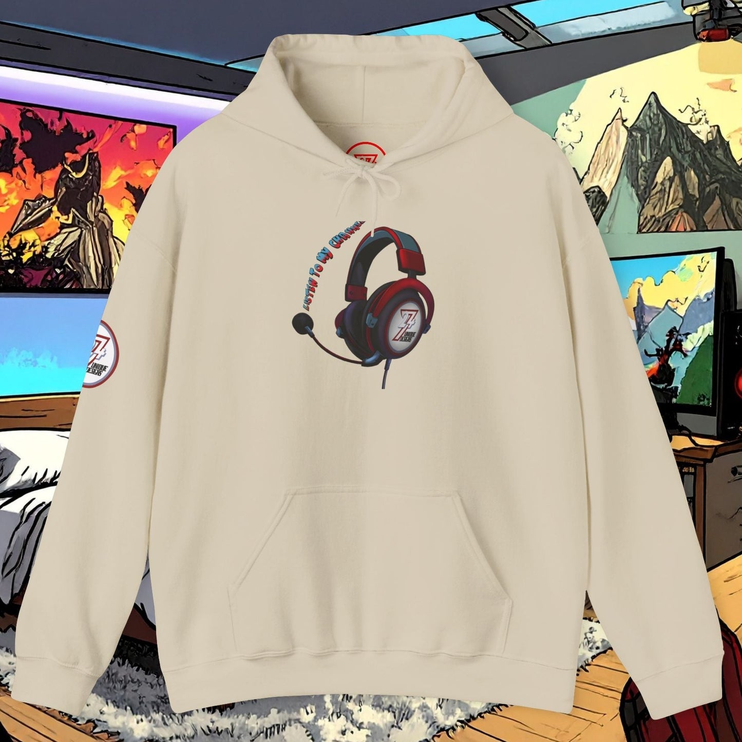 beige unisex headset hoodie with headphone design and kangaroo pocket