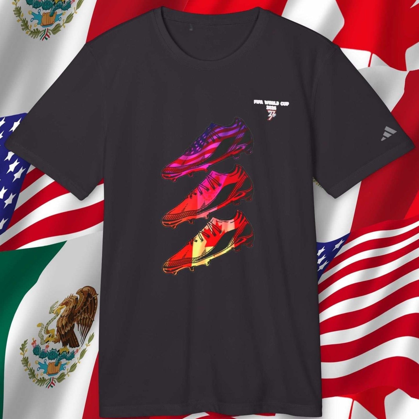 Front view of the Black Adidas 2026 World Cup shirt featuring a hand-drawn boot stack with a yellow-to-pink neon gradient.
