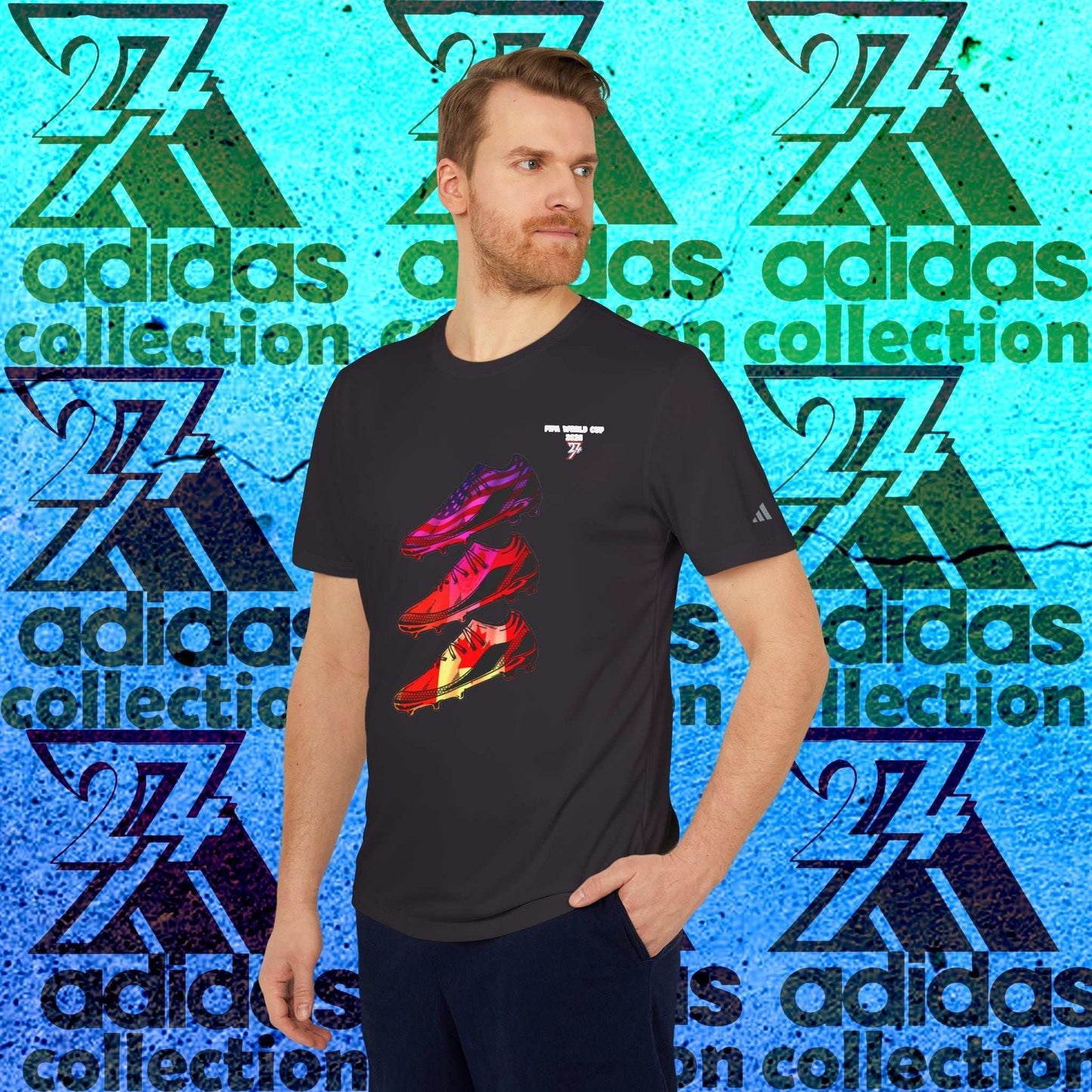 Male model wearing the Black 'Neon Pulse' World Cup Adidas tee, showcasing the high-contrast gradient graphic.