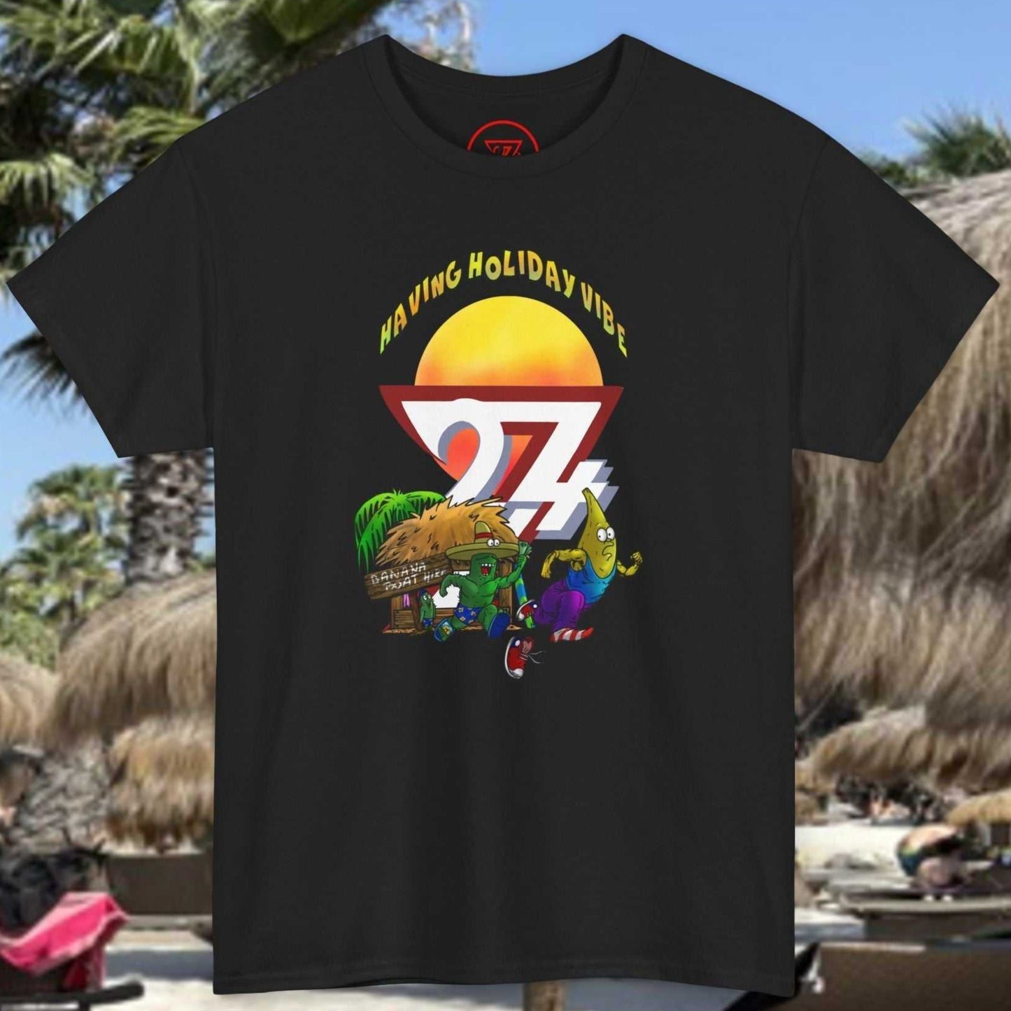 Black Adult Tropical Summer T-Shirt with Leonando and Banana Bundy illustration.