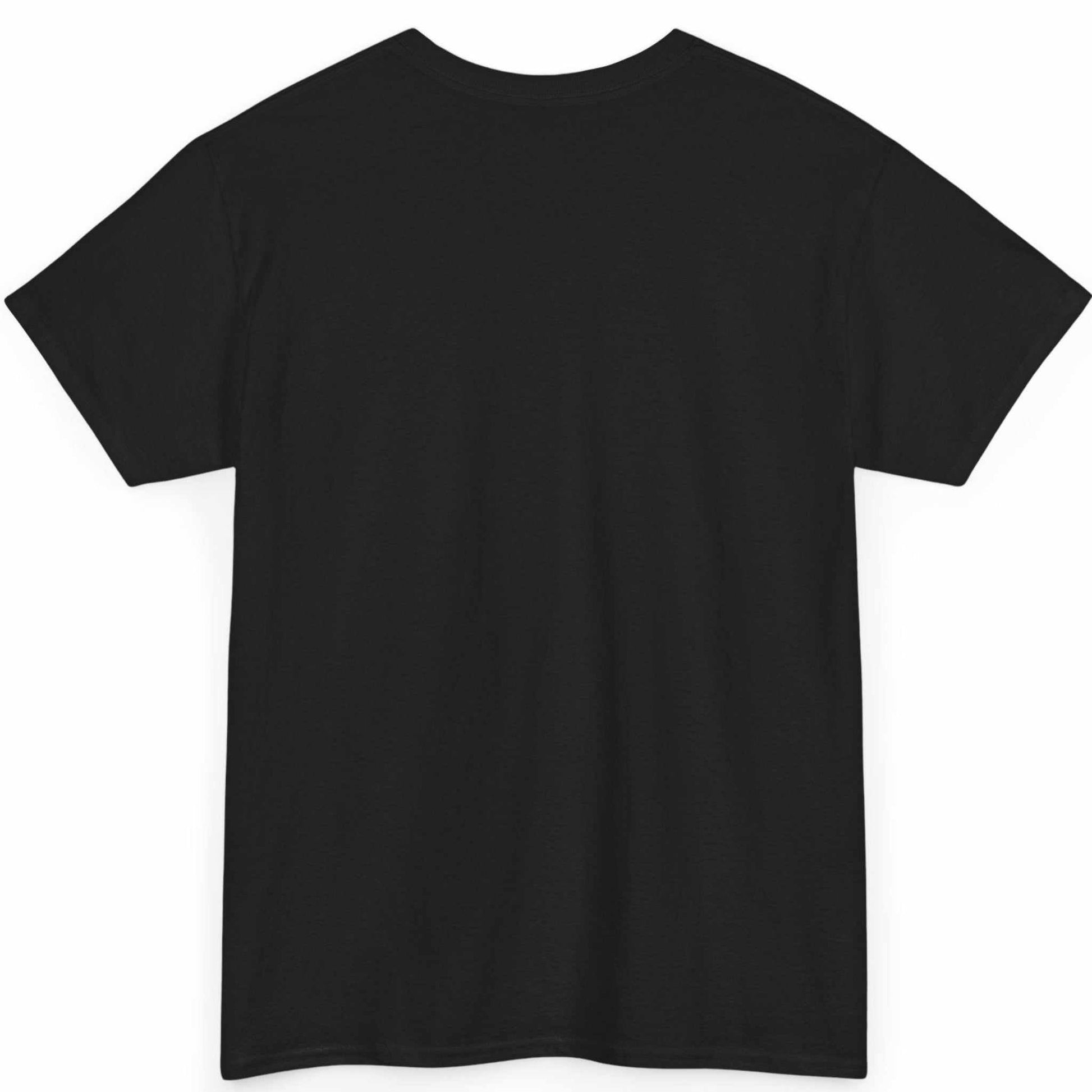 Back view of the black seamless tubular classic fit lazy humor t-shirt, displayed on a clean background.