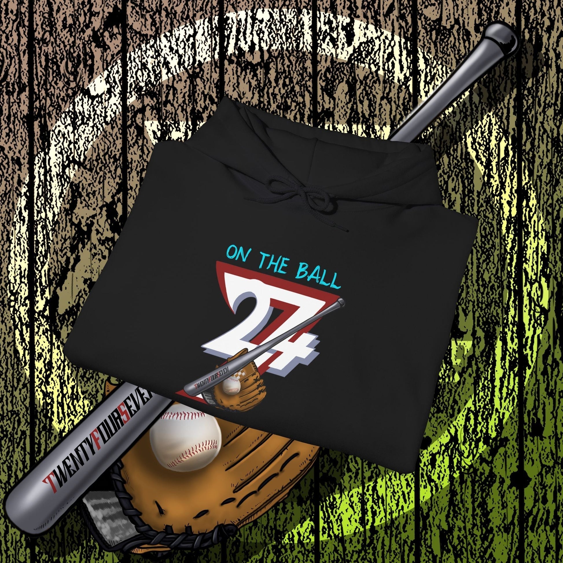 black baseball hoodie with hand-drawn baseball gear graphic including glove, ball, and bat on wooden background