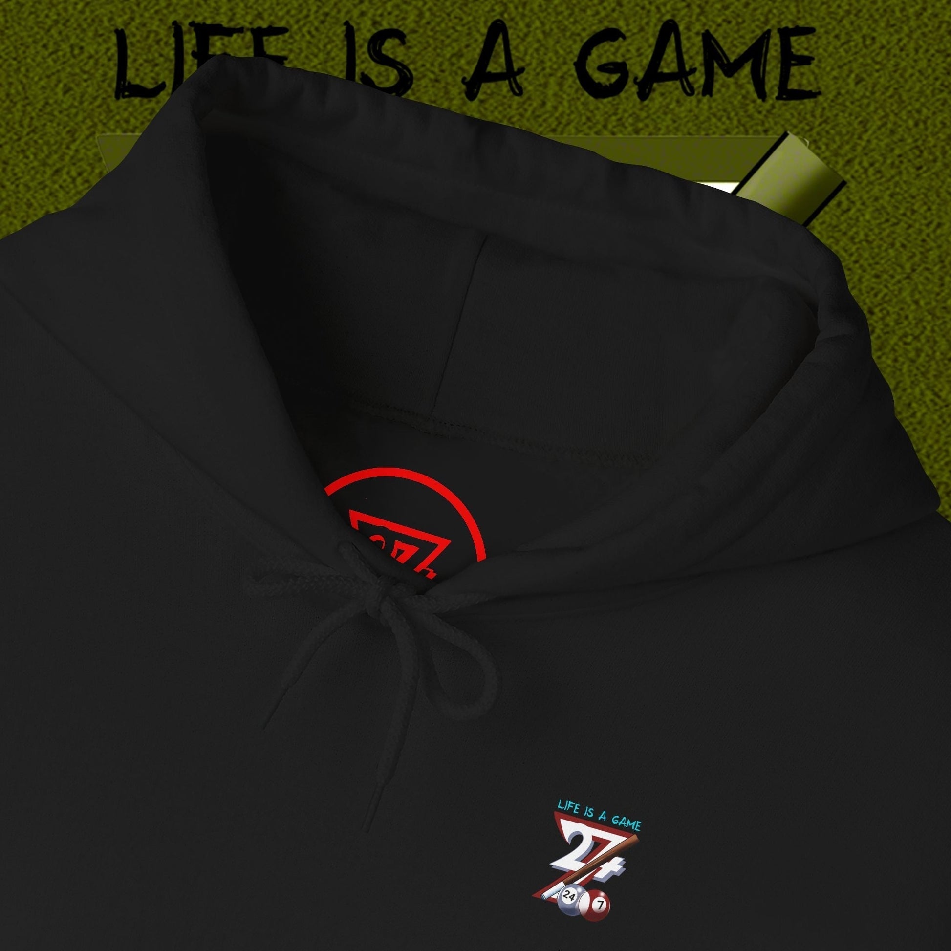 black billiard hoodie with small 24/7 unique designs logo and drawstring hood, cozy and stylish pool-themed sweatshirt