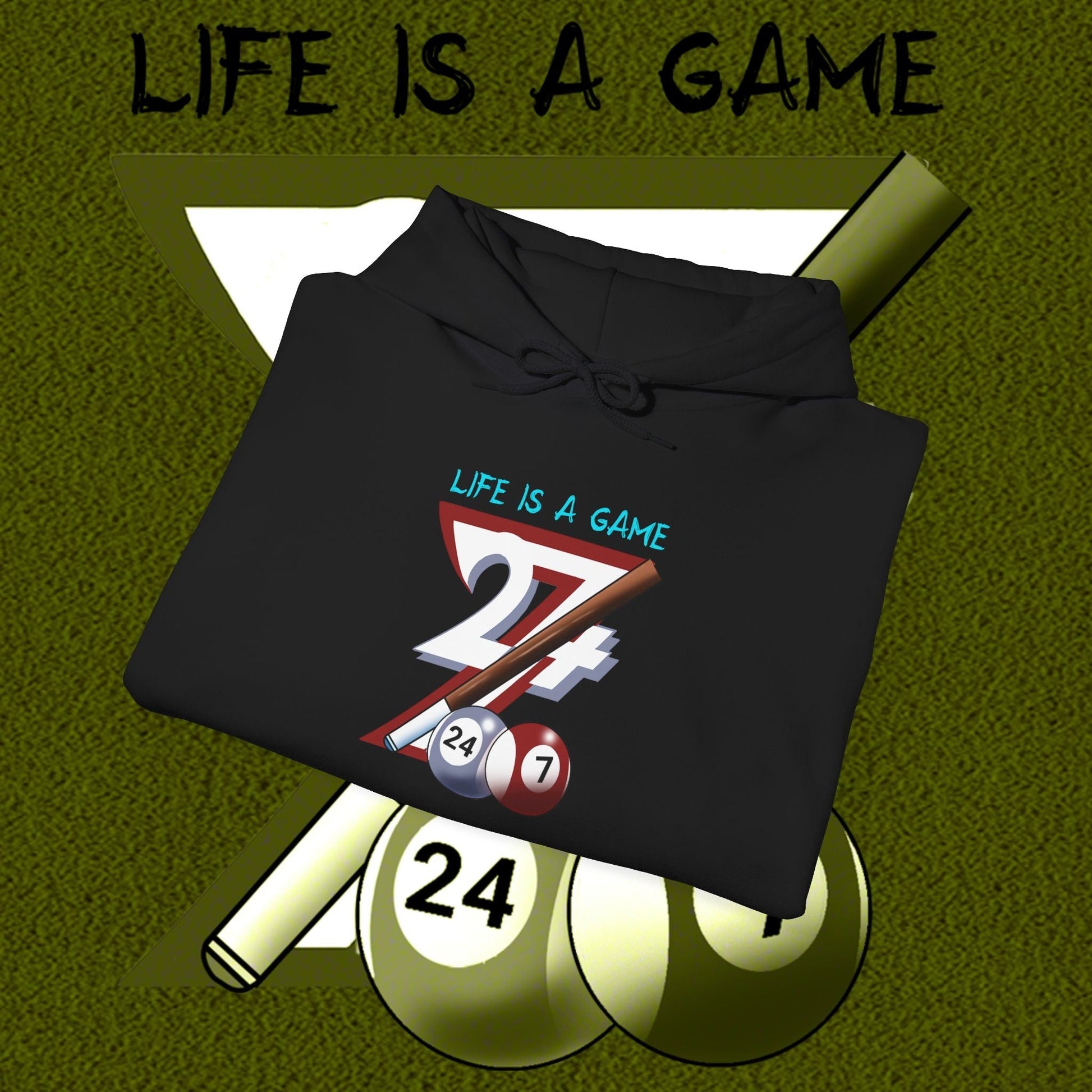black billiards hoodie with unique hand-drawn pool game design and "Life is a Game" text