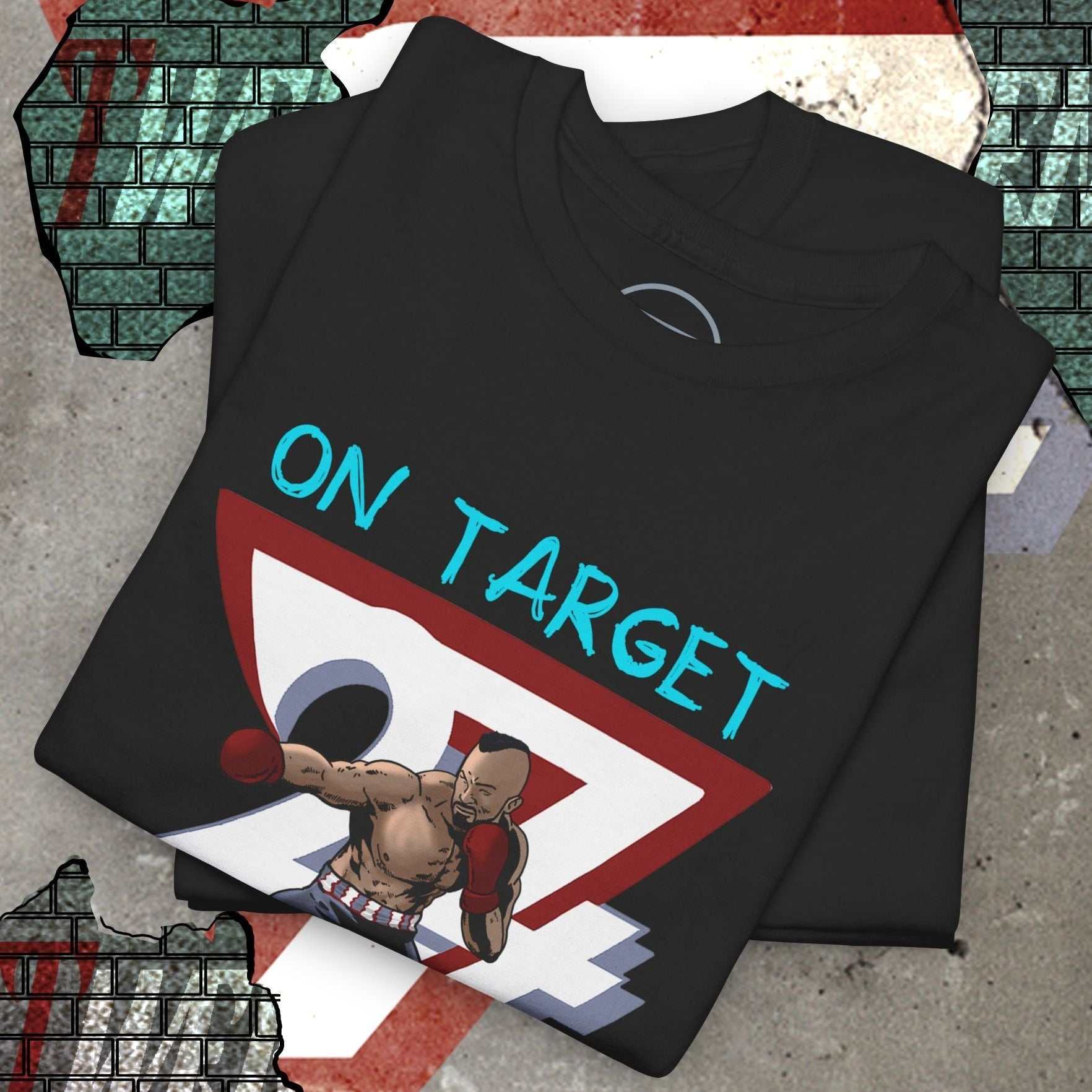 black boxing tee with comic-style illustration of a boxer and "ON TARGET" text on front