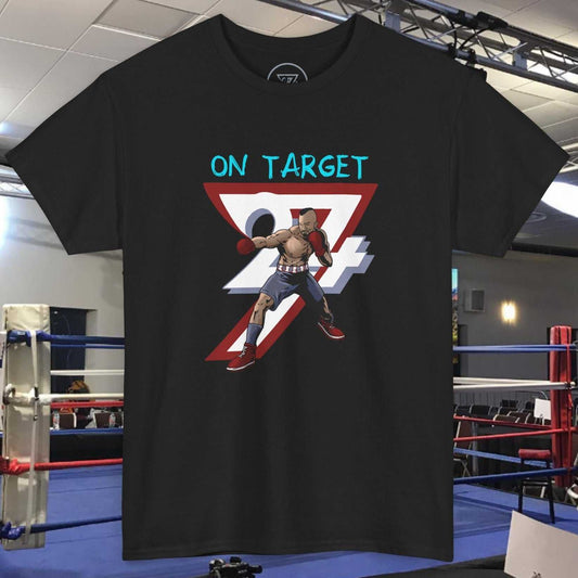 black boxing tee with comic-style illustration of boxer and "ON TARGET" text on front