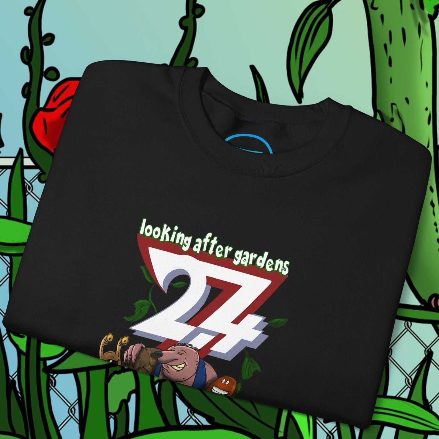 black funny cartoon sweatshirt with gardening squad snail mole and slug graphic design