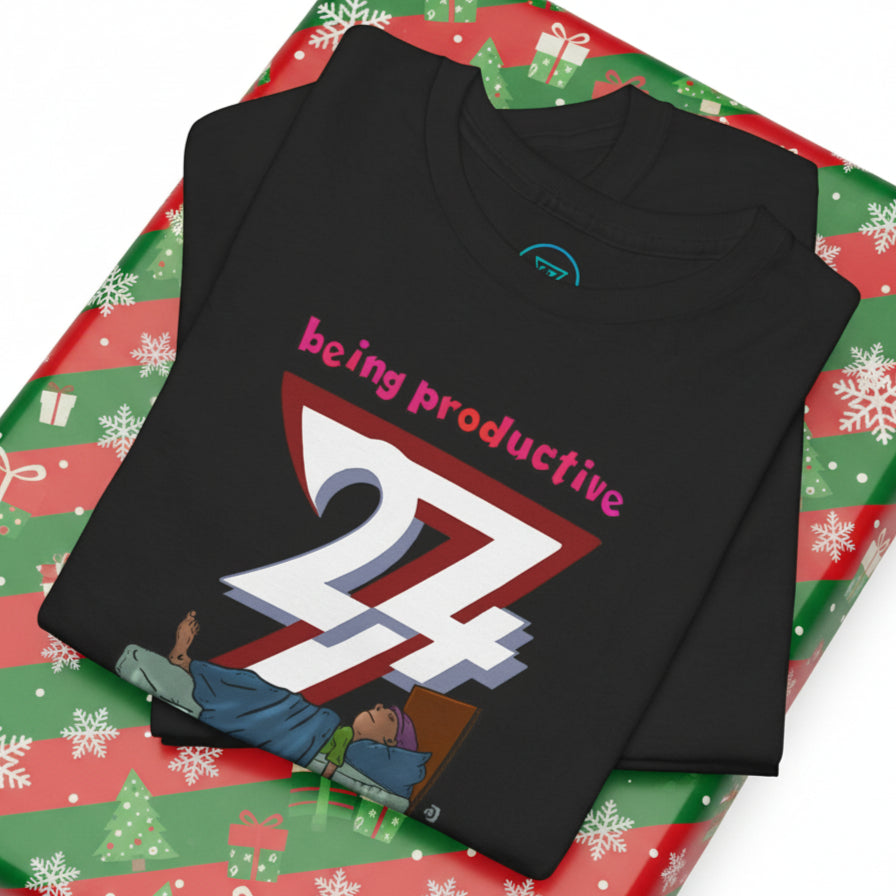 black funny tee for teenagers with vibrant lazy design and "being productive 24/7" text, comfortable classic fit, ideal birthday and Christmas gift