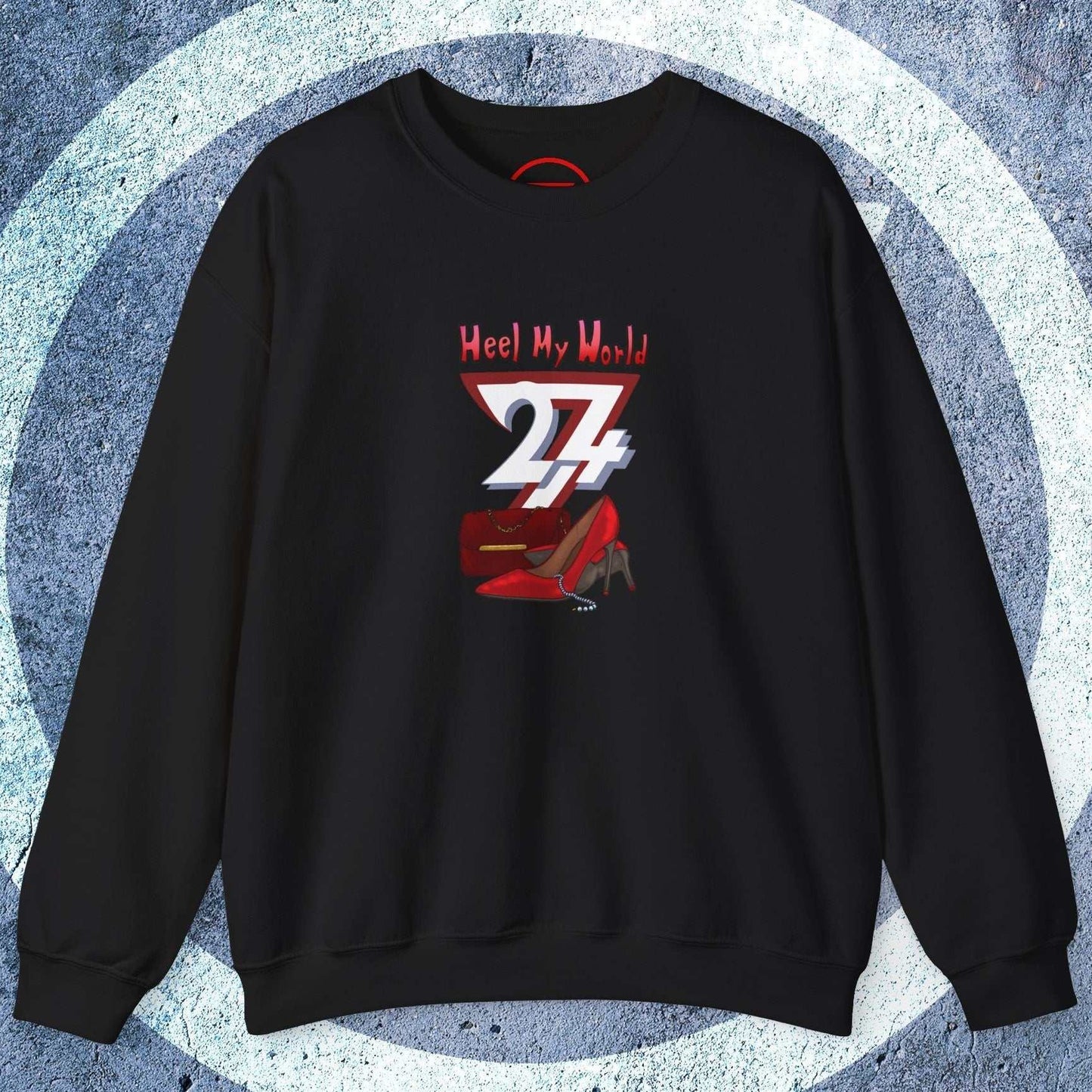 black graphic sweatshirt for women with handbag and high-heel design and red text Heel My World 27+ on front