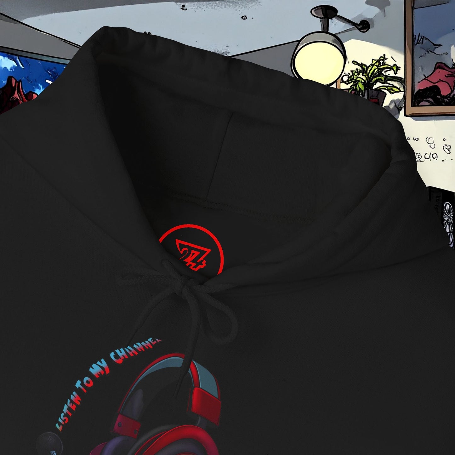 black headset hoodie with headphone graphic and adjustable drawstring hood