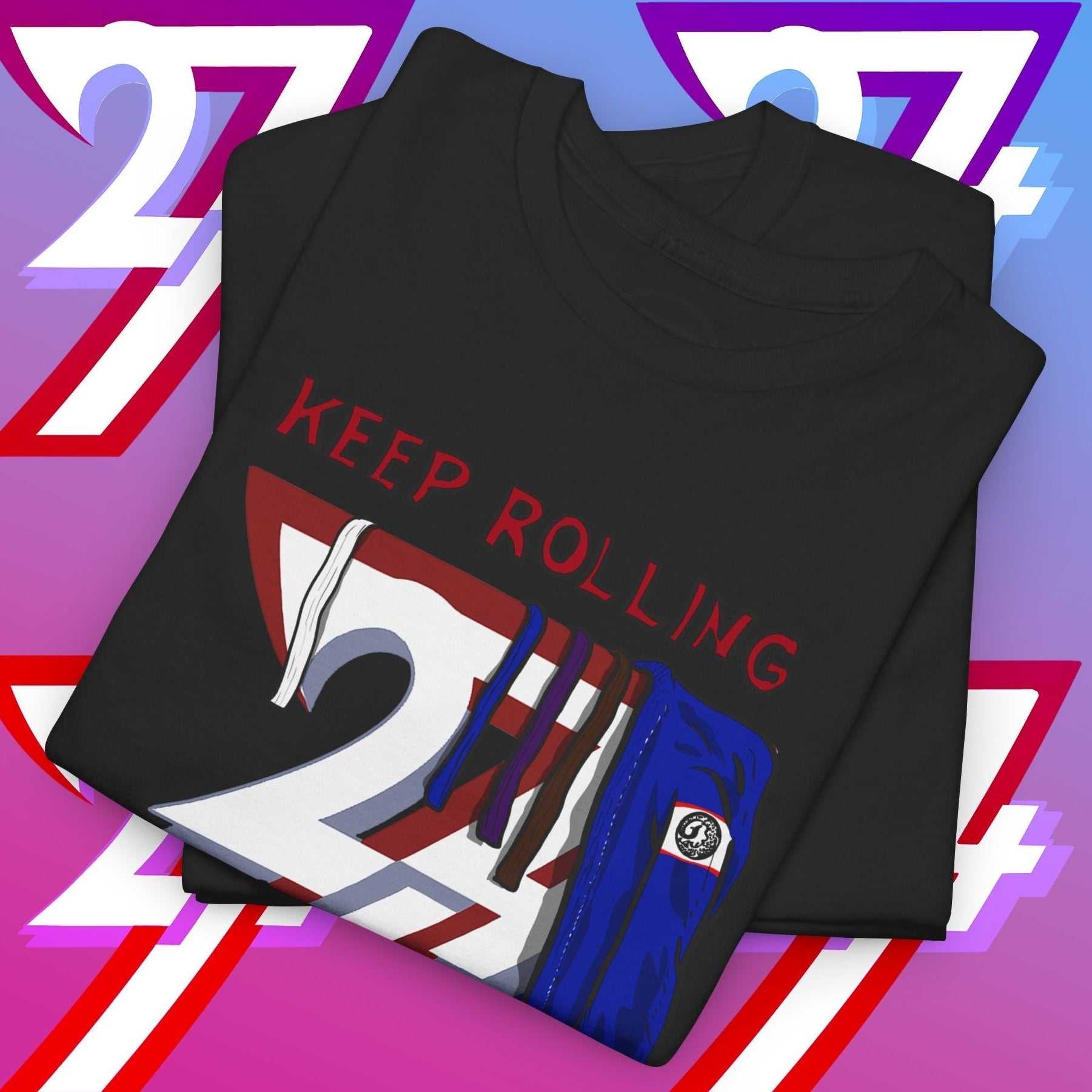 black jiu-jitsu t-shirt with "KEEP ROLLING" text and martial arts graphic design
