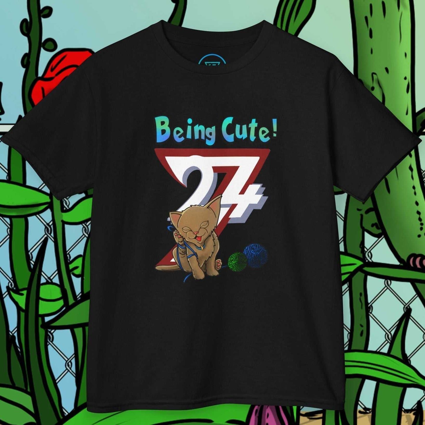 black kids cat t-shirt with hand-drawn cartoon kitten and "Being Cute! 27" text design