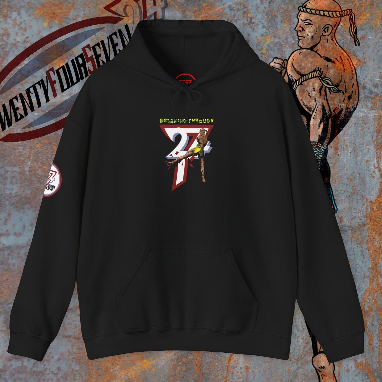 black muay thai hooded sweatshirt with 27 graphic and fighter design on front and sleeve, kangaroo pocket and adjustable drawstring hood