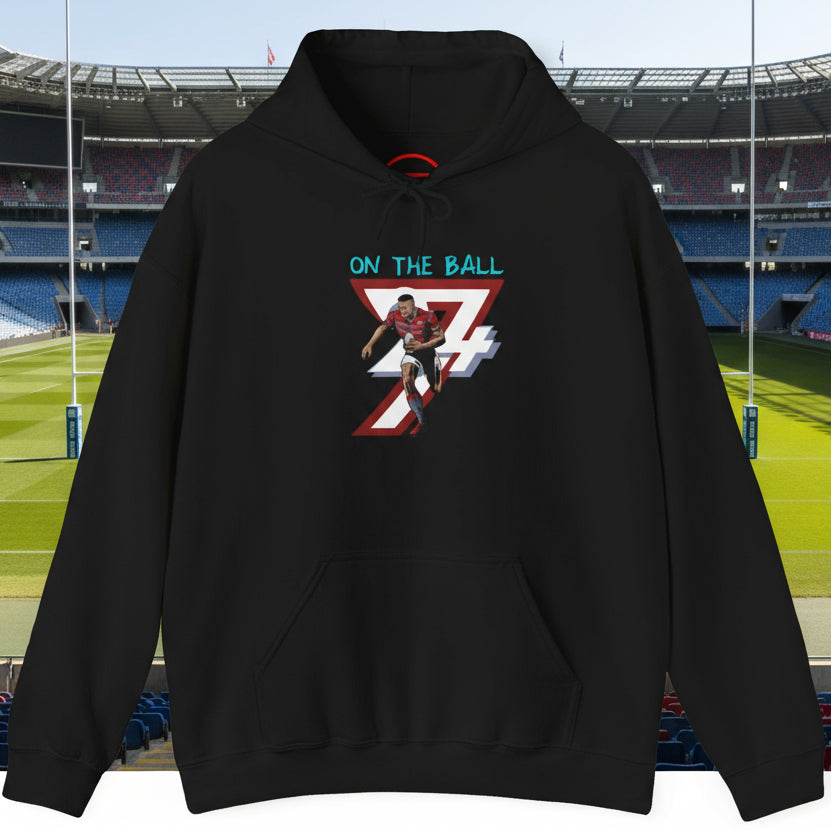 black rugby hoodie with vibrant hand-drawn rugby player design and kangaroo pocket