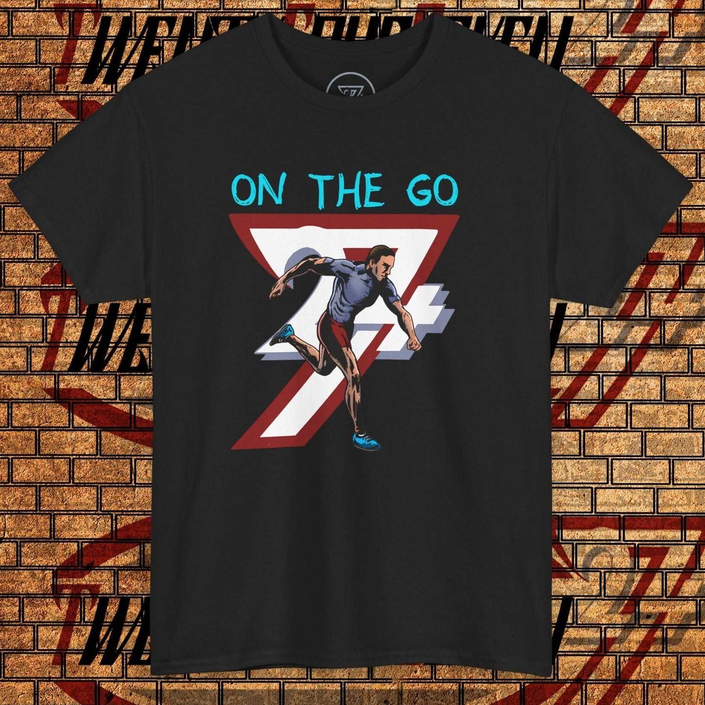 black running T-shirt with hand-drawn runner graphic and "ON THE GO" text, lightweight cotton activewear for training and lifestyle