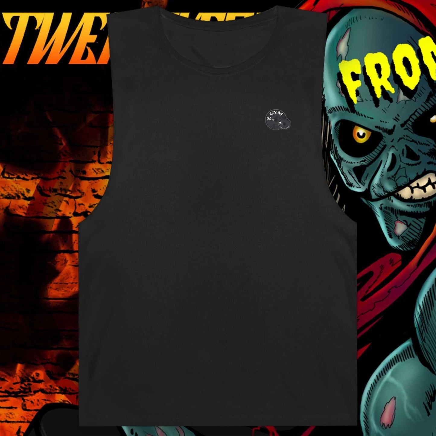 black sleeveless gym tank with small horror-themed comic graphic on chest, raw cut-off sleeves, breathable fabric, horror comic gym tank design