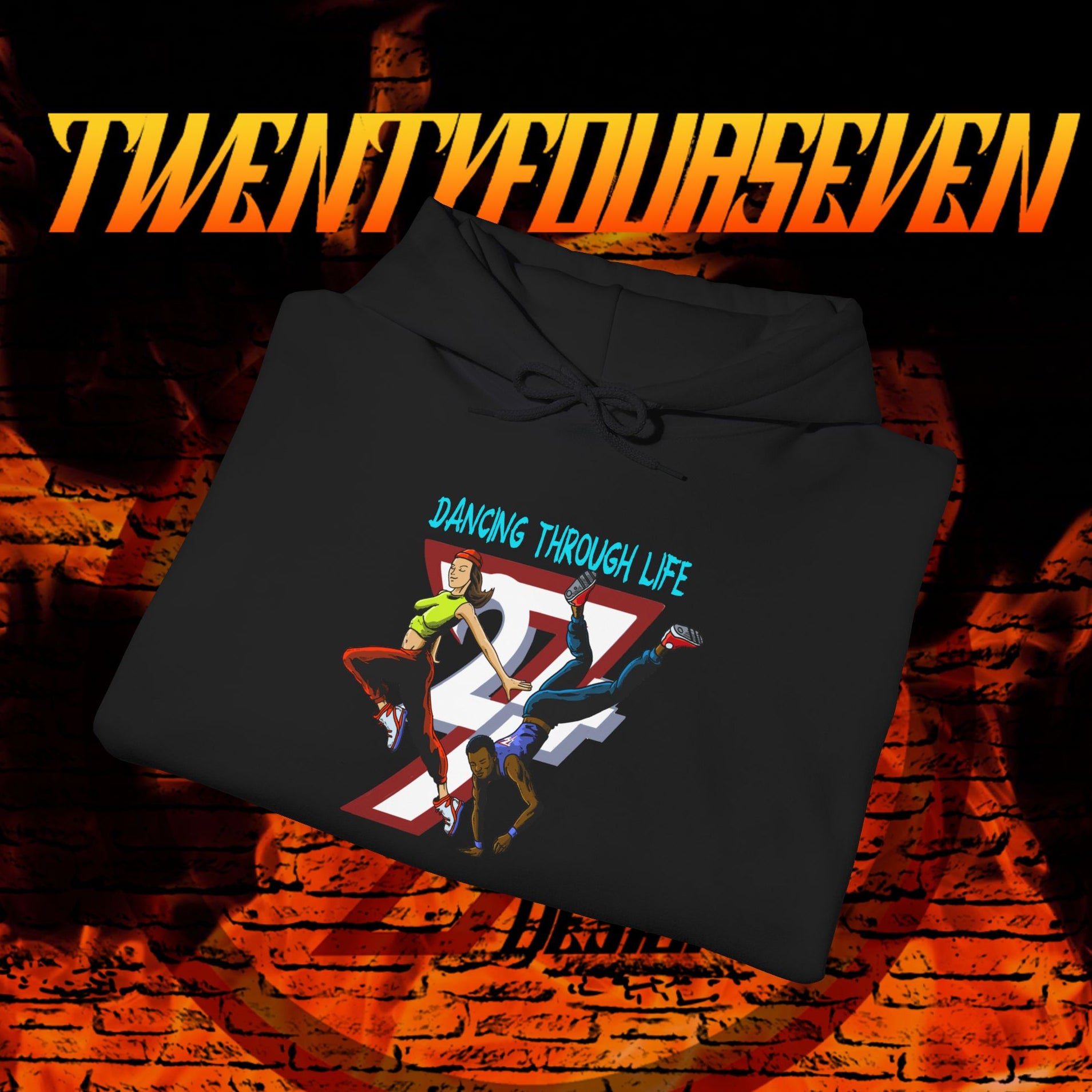 black streetwear hoodie with dancing graphic and "Dancing Through Life" text on front for urban dancers and TikTok fans