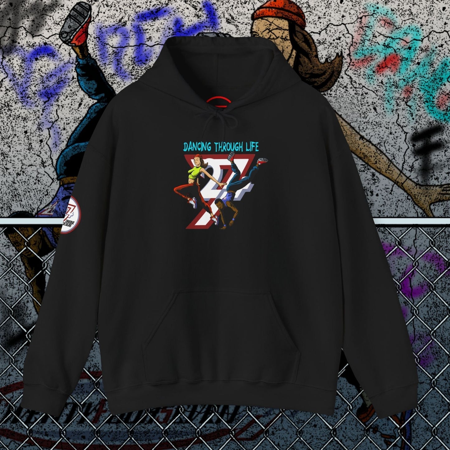 black streetwear hoodie with urban dancer print and kangaroo pouch pocket