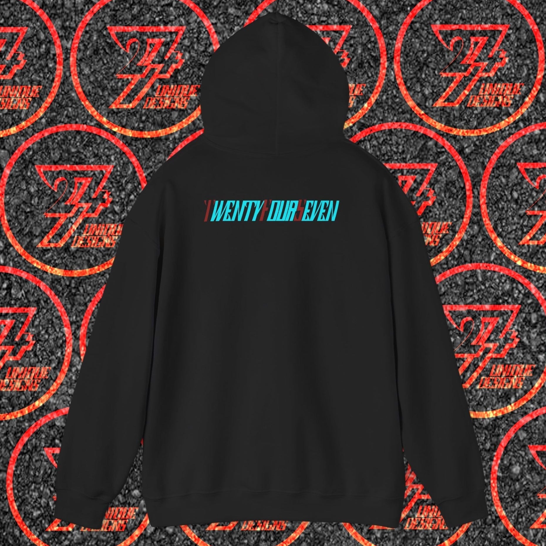 black stylish hoodie with twentyfourseven logo on back, adjustable hood and kangaroo pouch pocket, comfortable streetwear gift