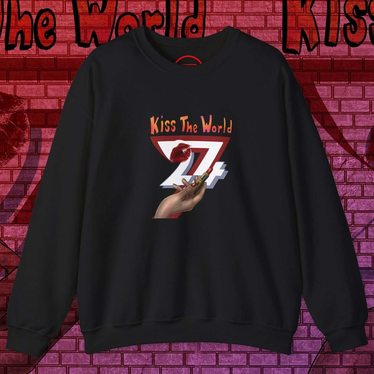 black sweatshirt for women with bold lipstick design and "Kiss The World 24/7" text