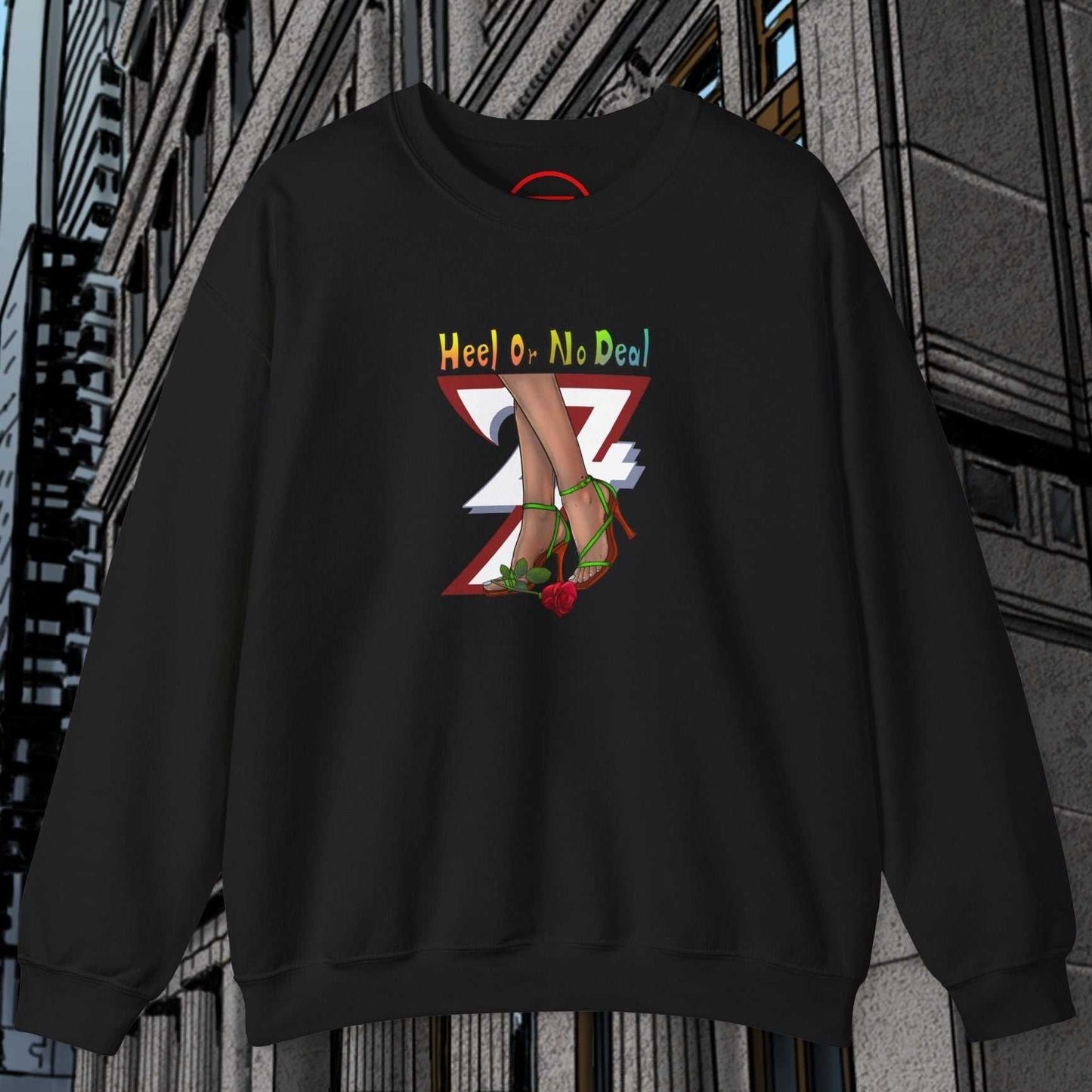 black sweatshirt with hand-drawn rose design and colorful "Heel or No Deal" text for women streetwear gift