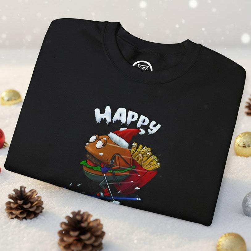 black sweatshirt with skiing Santa Claus burger and fries Christmas burger design