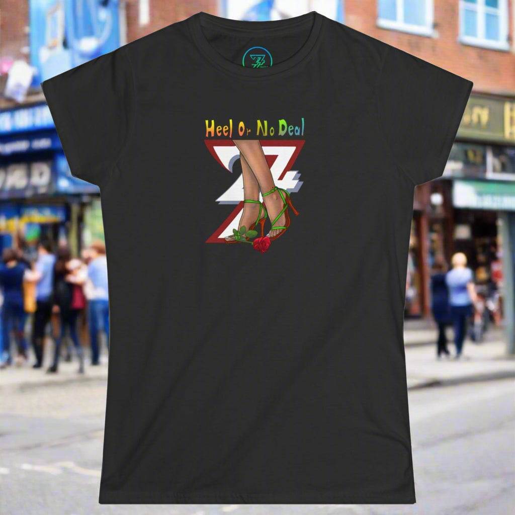black women's graphic tee with "heel or no deal" quote, roses, and high heels illustration