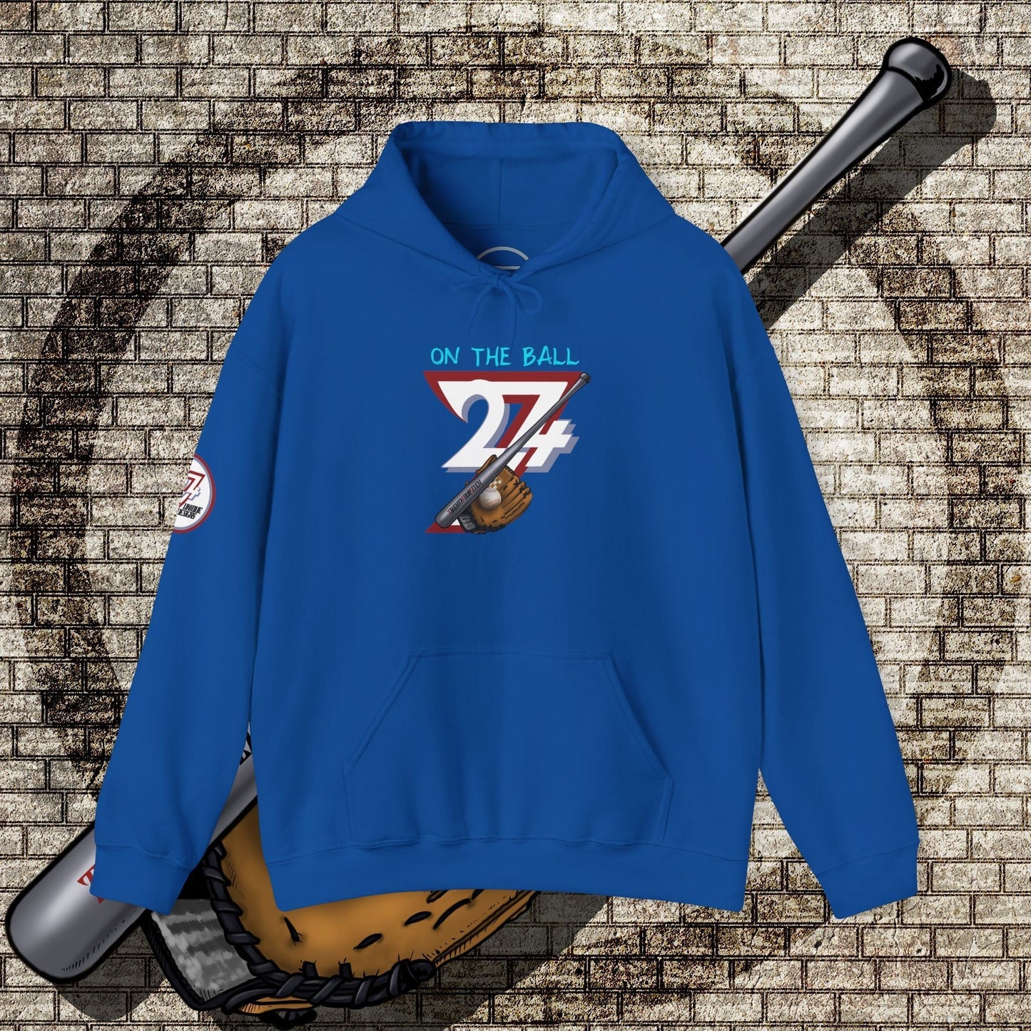 blue baseball hoodie with baseball glove and bat graphic, unisex outdoor sports wear