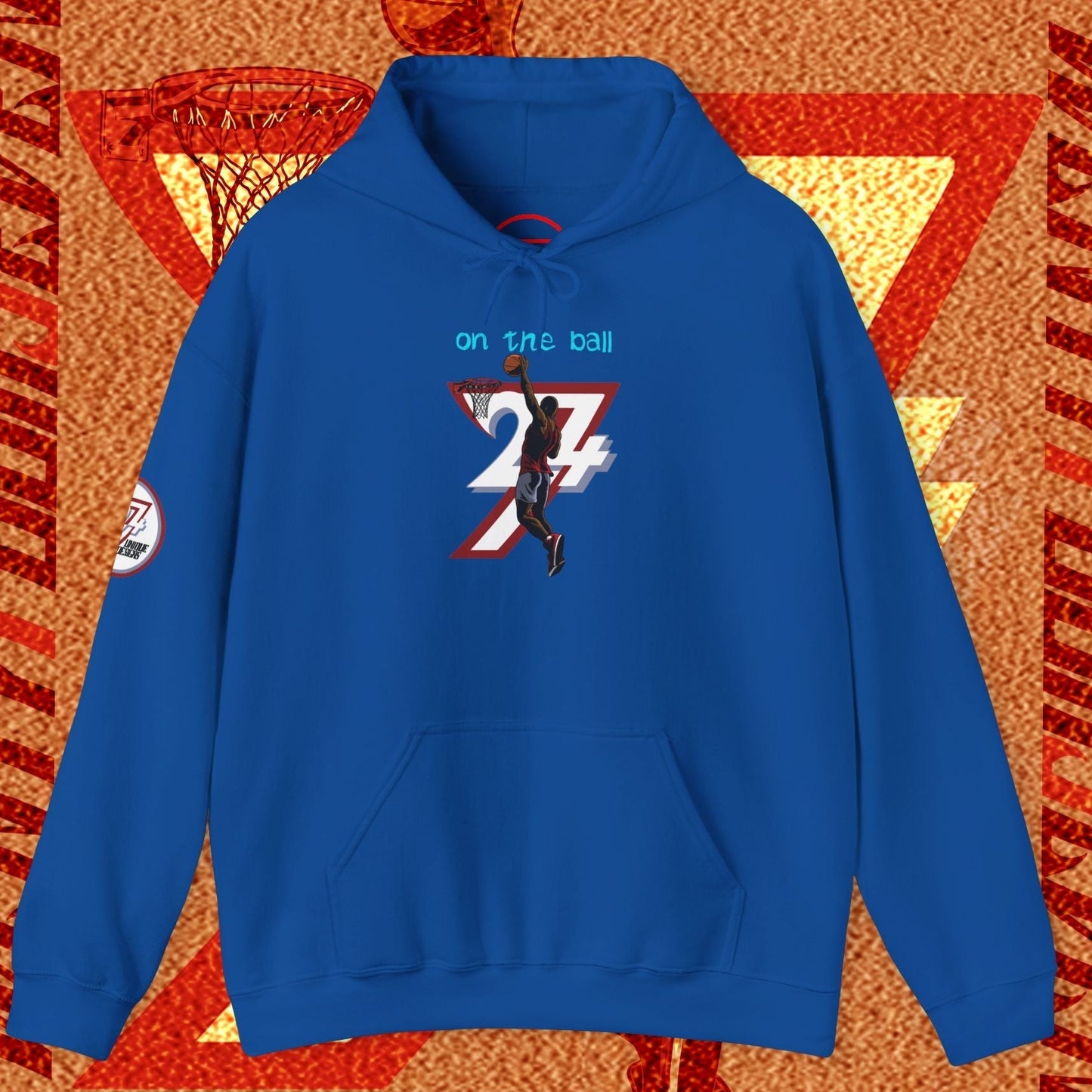 blue basketball hoodie with hand-drawn basketball player design and adjustable hood