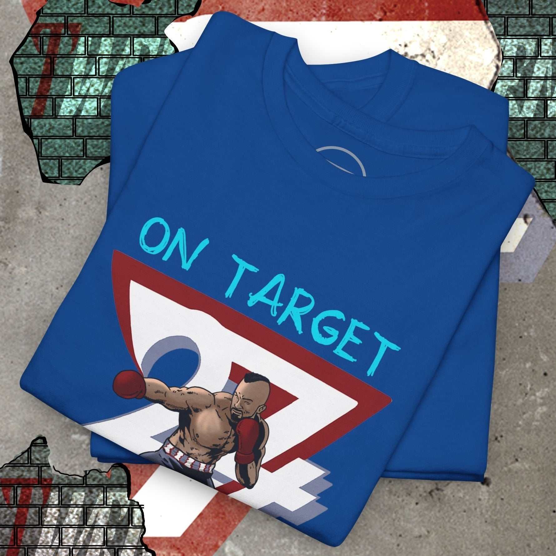 blue boxing tee with comic-style boxer illustration and "ON TARGET" text