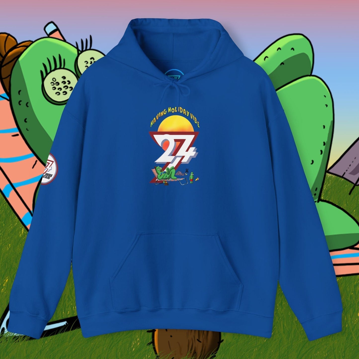 blue cactus hoodie with cartoon character illustration and camping theme design unisex sweatshirt