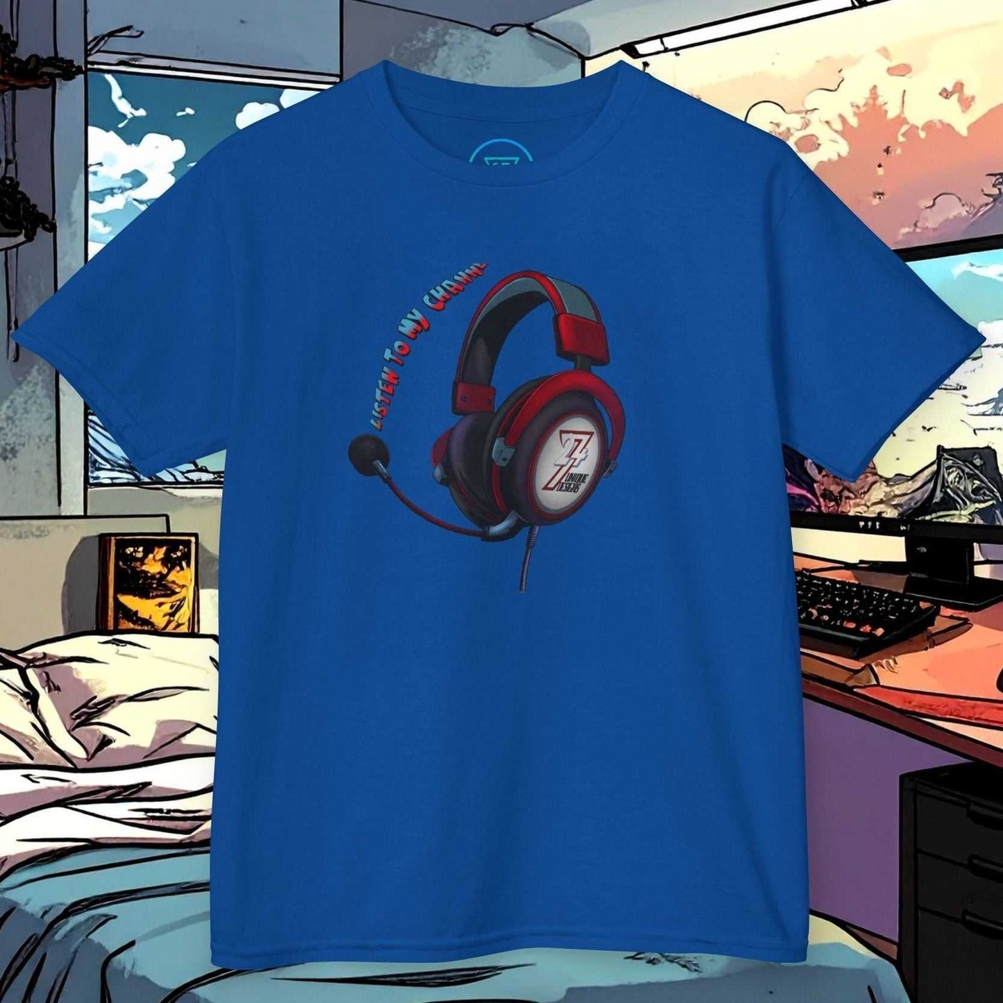 blue children's headphones t-shirt with vibrant headset graphic for young YouTubers