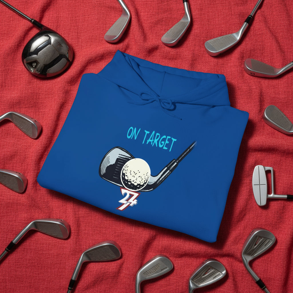 blue golf hoodie with hand-drawn golf club and ball design and "ON TARGET" text