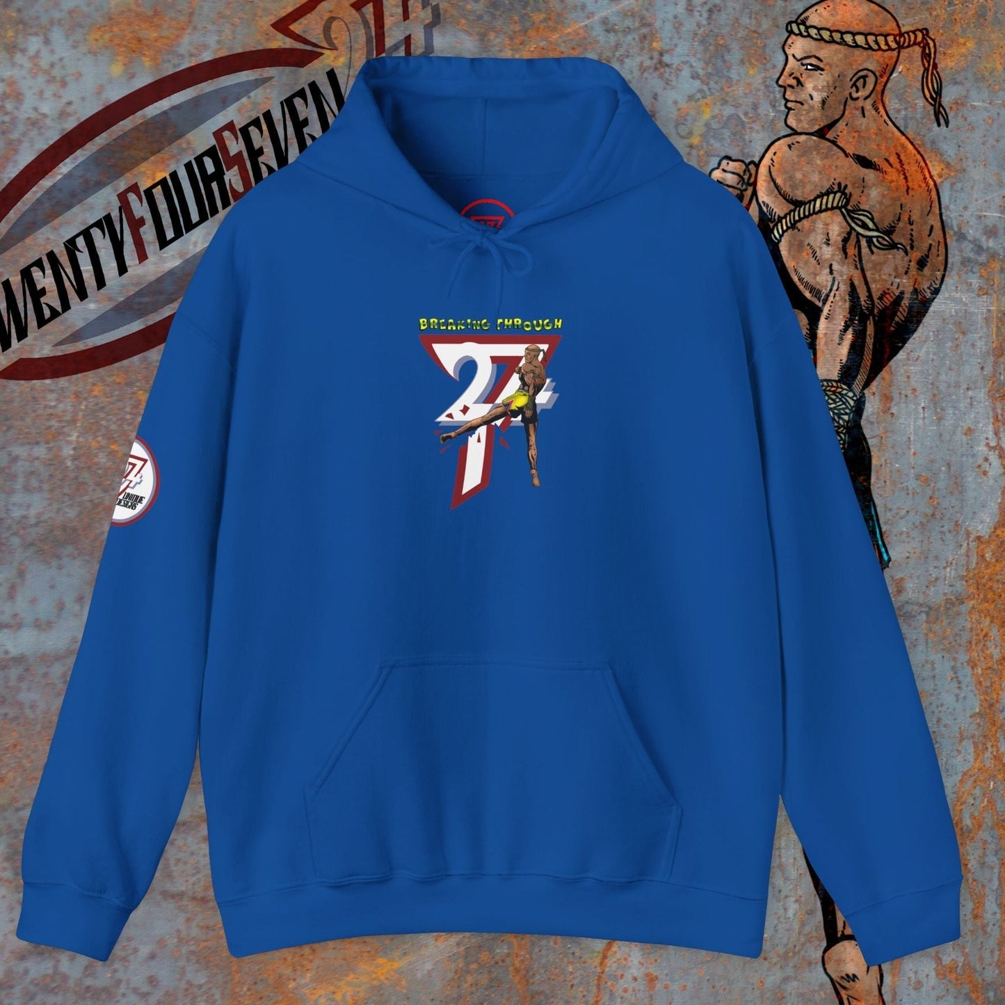blue muay thai hooded sweatshirt with combat sports martial artist design and kangaroo pocket