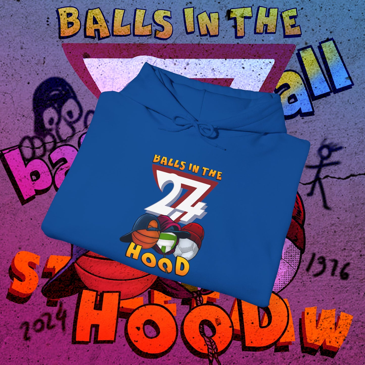 blue printed hoodie with "Balls in the Hood" sports graphic, urban streetwear style for ballgames and city nights