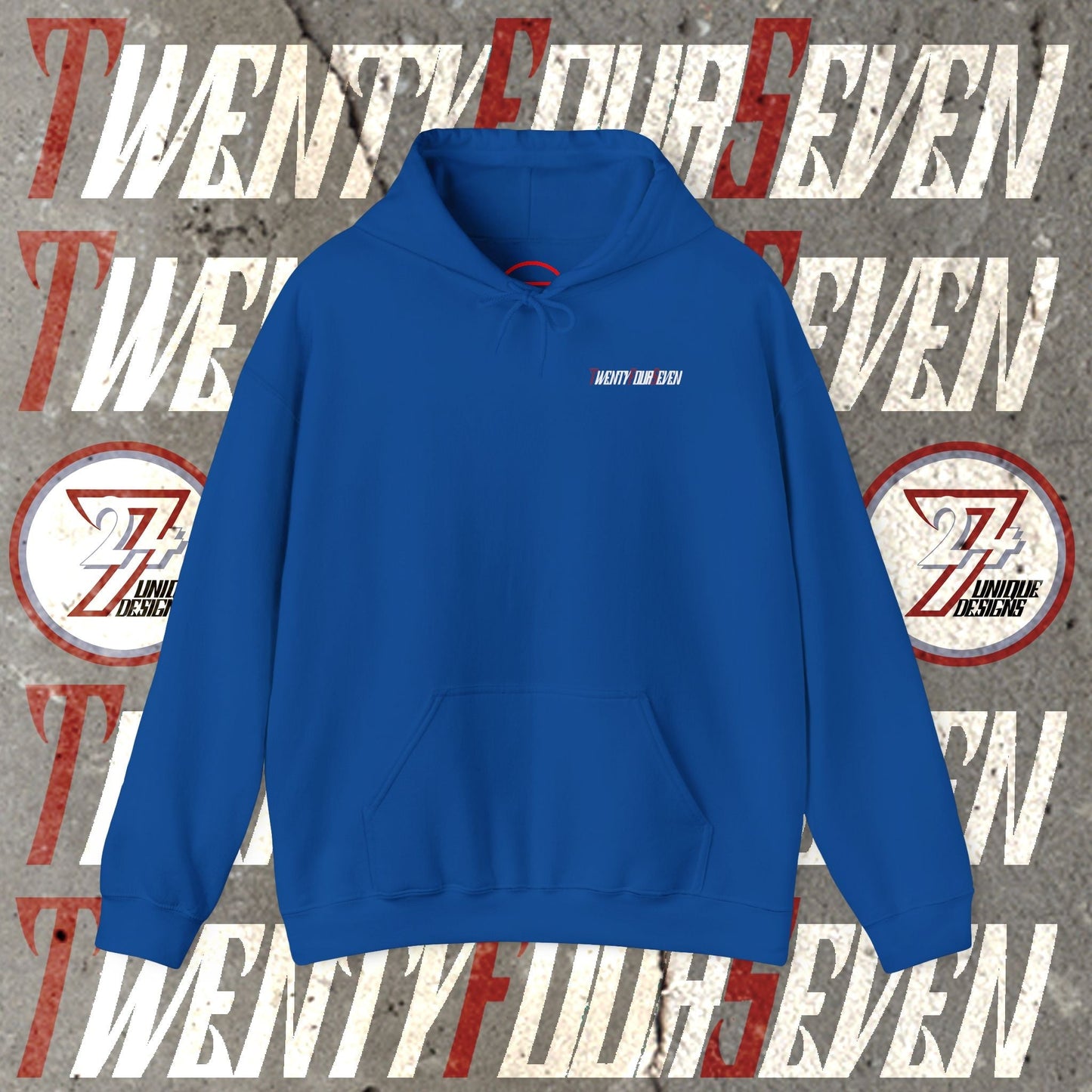 blue printed hoodie with twentyfourseven logo and kangaroo pocket