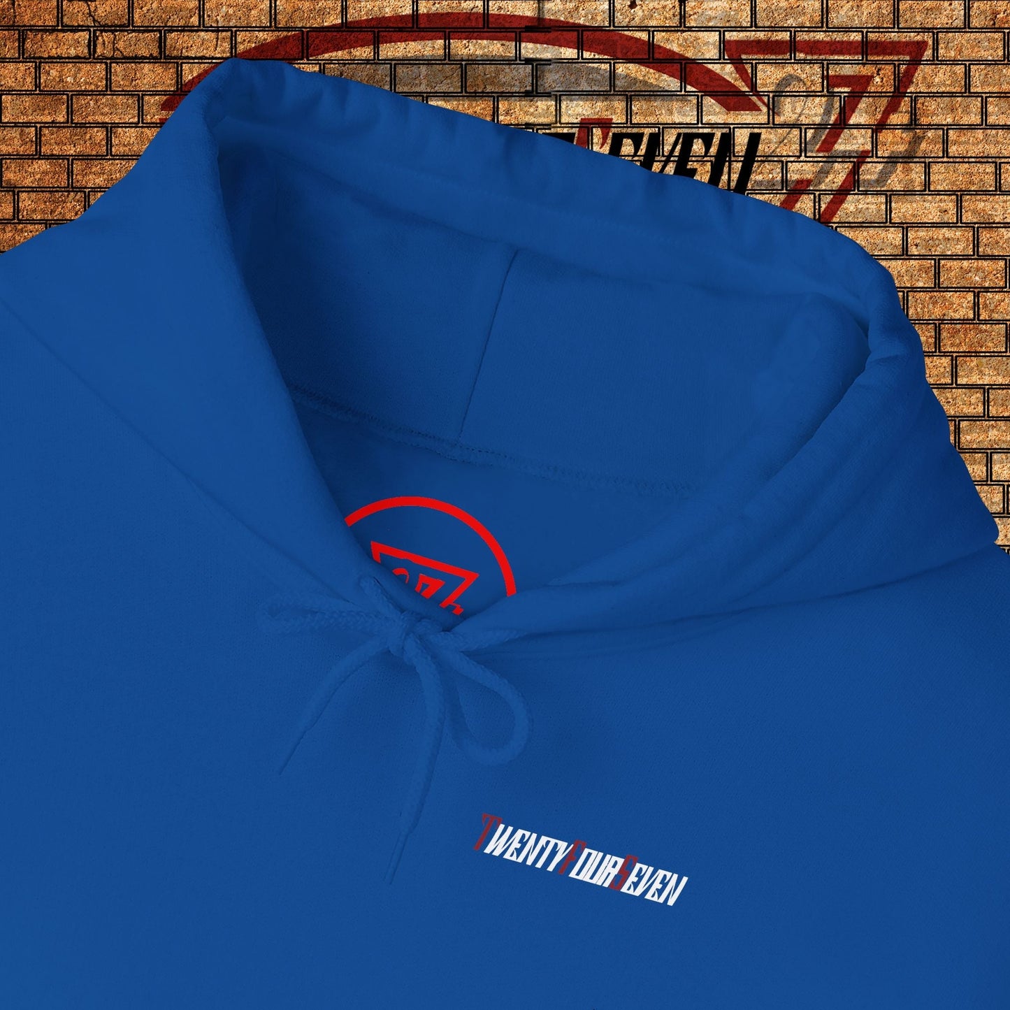 blue printed hoodie with twentyfourseven logo and adjustable drawstring hood
