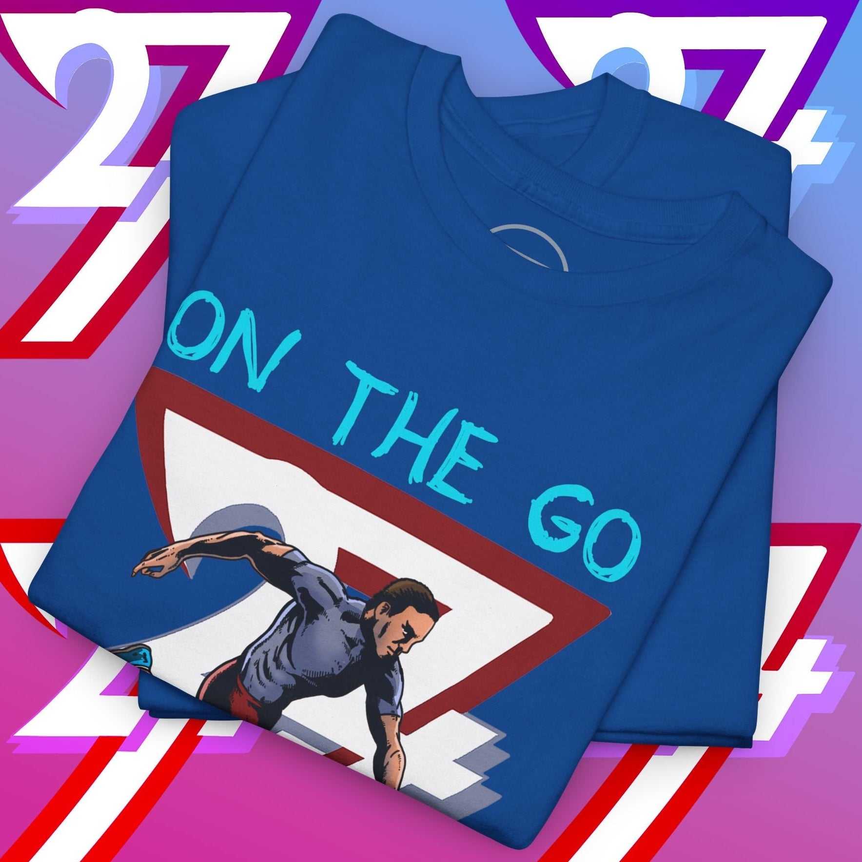 blue running t-shirt with hand-drawn comic-style illustration and "ON THE GO" text, lightweight activewear for training and lifestyle