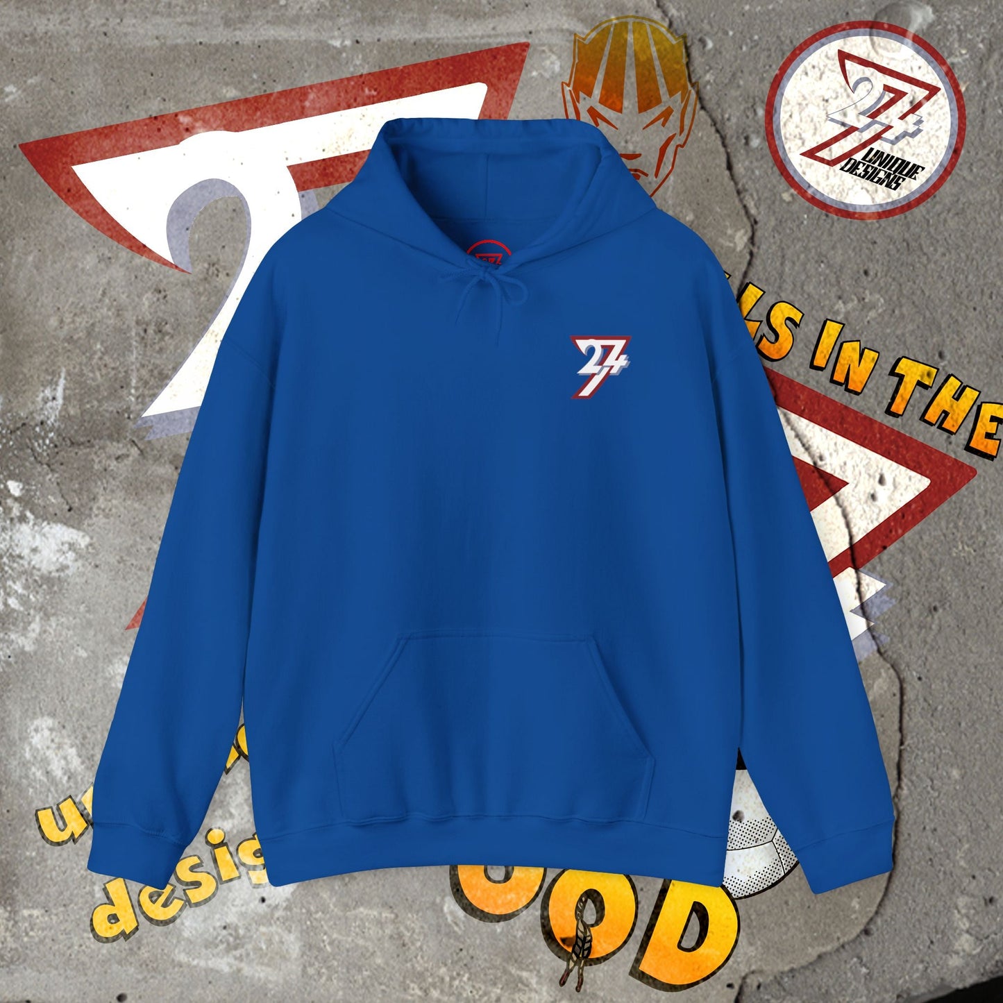 blue stylish hoodie with twentyfourseven logo and kangaroo pocket streetwear gift