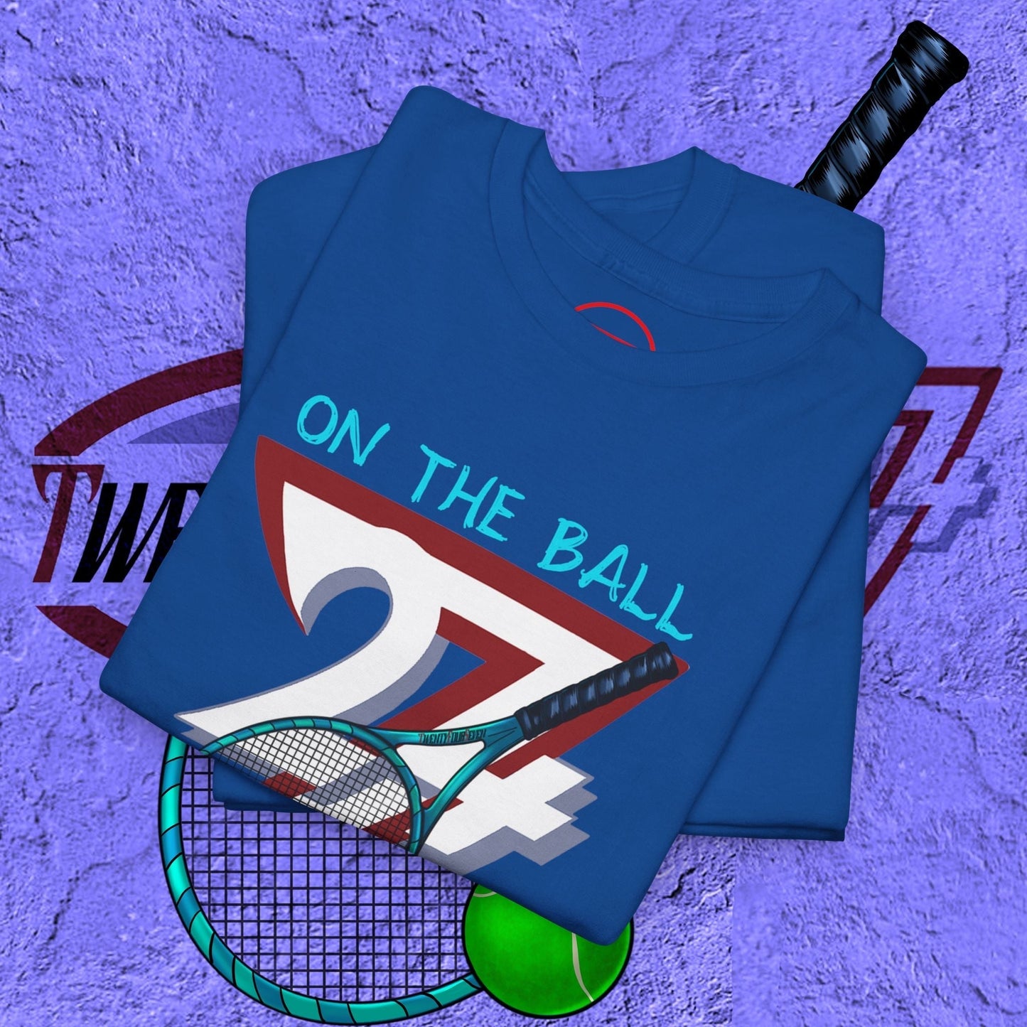 blue tennis sport T-shirt with hand-drawn racket and ball illustration and "ON THE BALL" text design