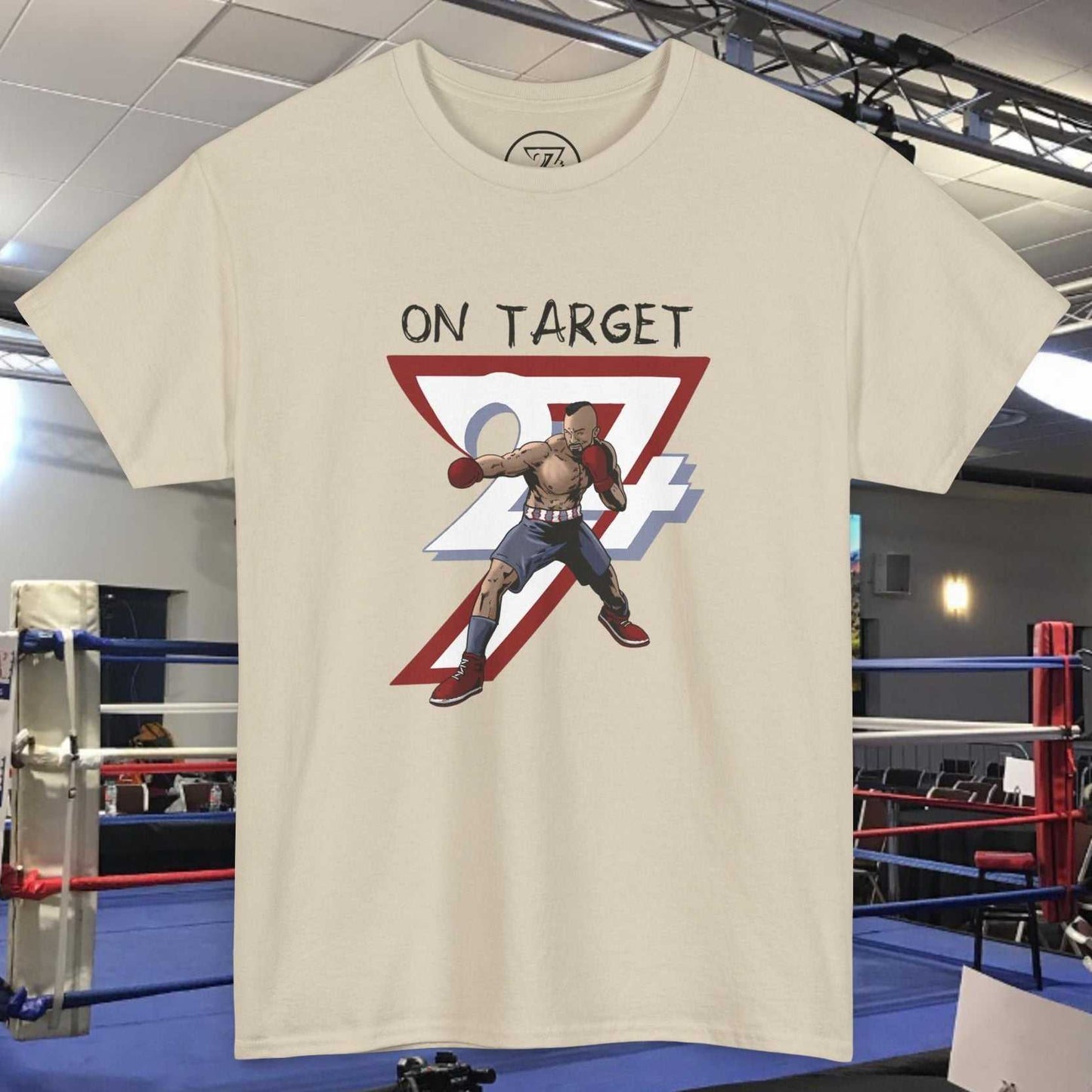 boxing graphic shirt with hand-drawn boxer mid-action and "On Target" text on beige tee