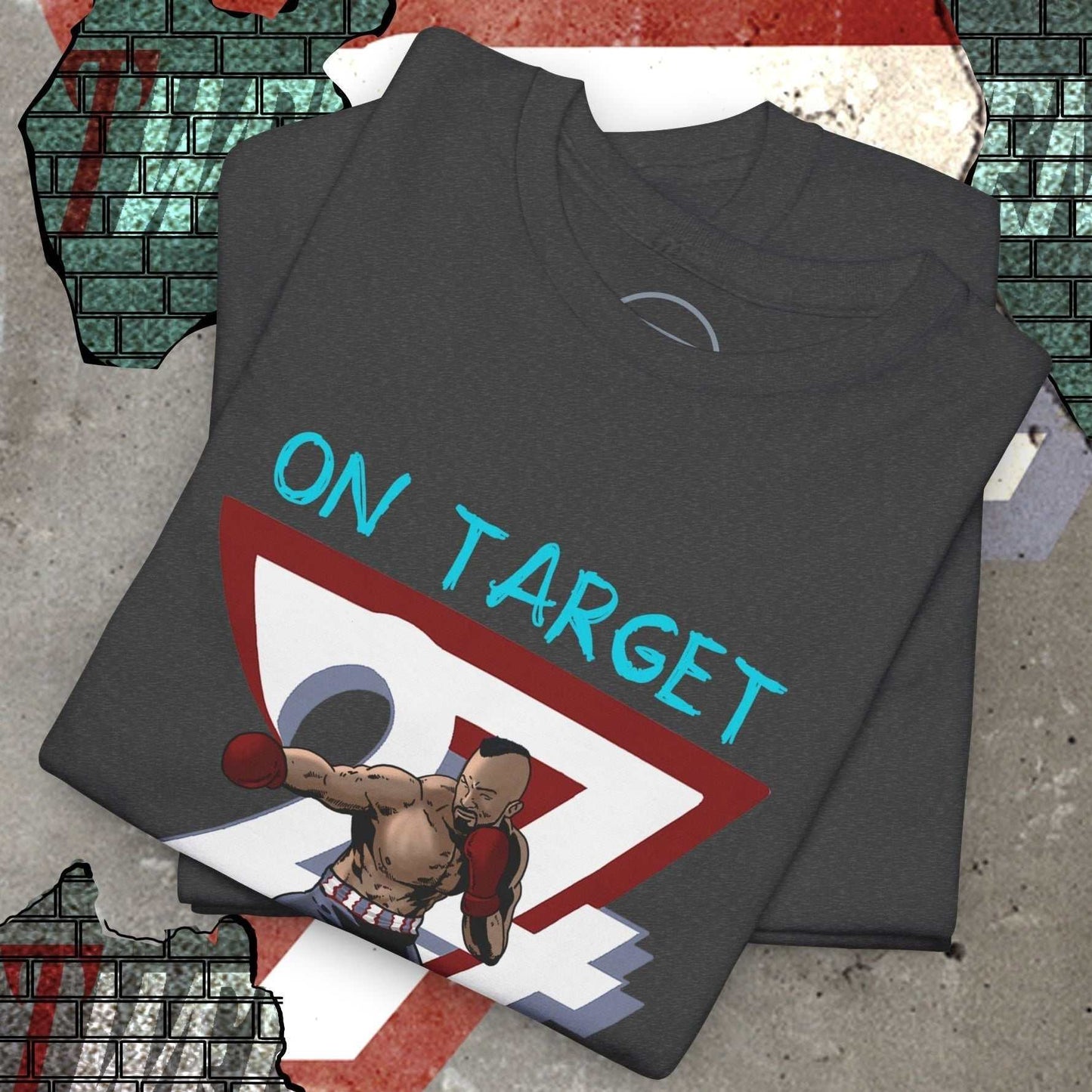 boxing tee with comic-style illustration of boxer punching and text "ON TARGET" on charcoal gray fabric