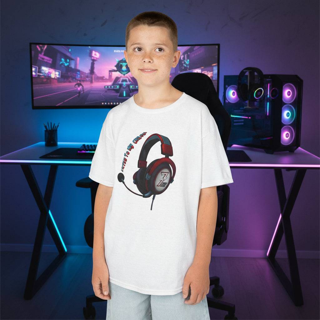 boy wearing white headphones t-shirt with colorful headset graphic for young YouTubers