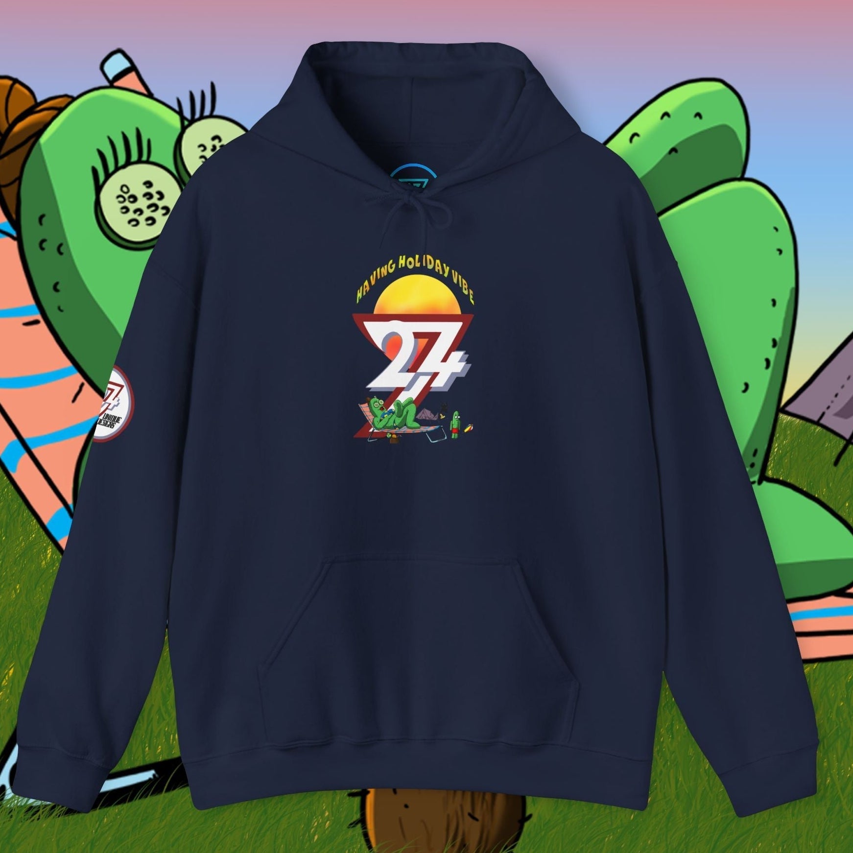 cactus hoodie with cartoon character and camping theme unisex hooded sweatshirt