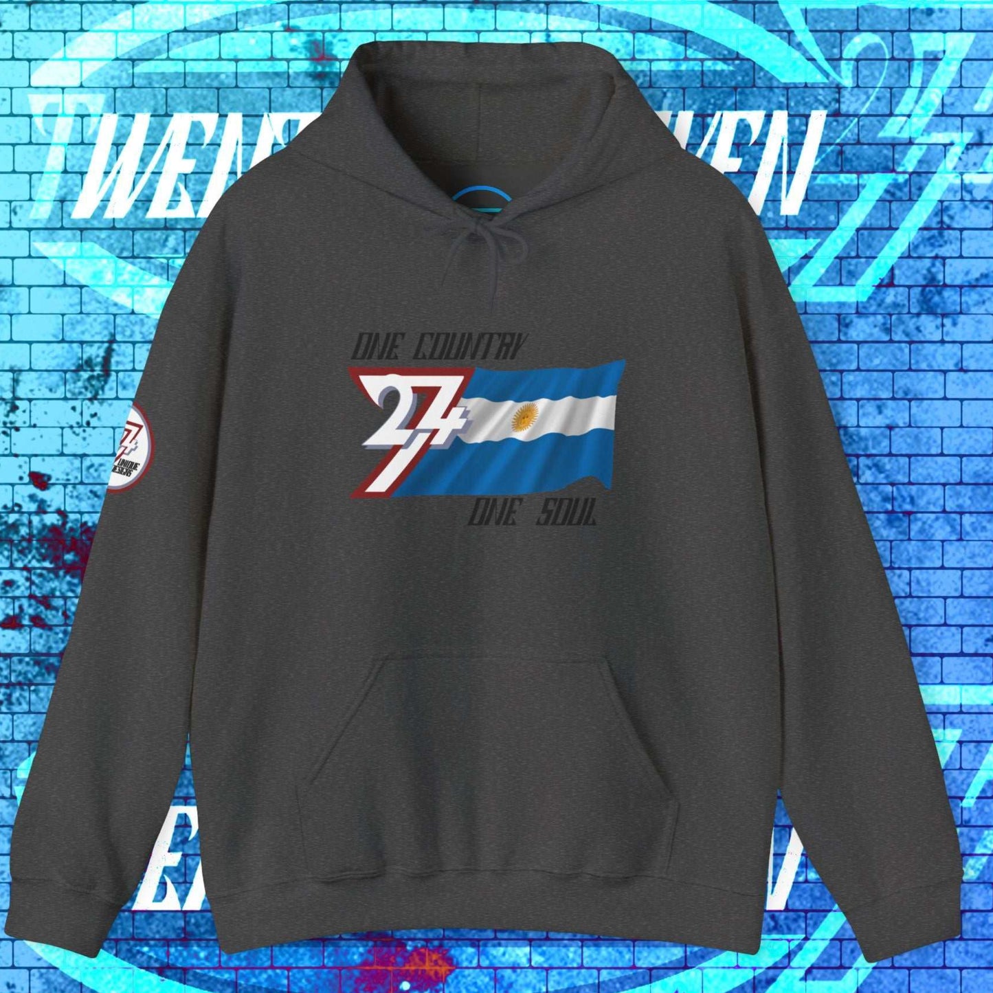 Charcoal Argentina hoodie with hand-sketched flag and 24/7 "One Country One Soul" passion motto.